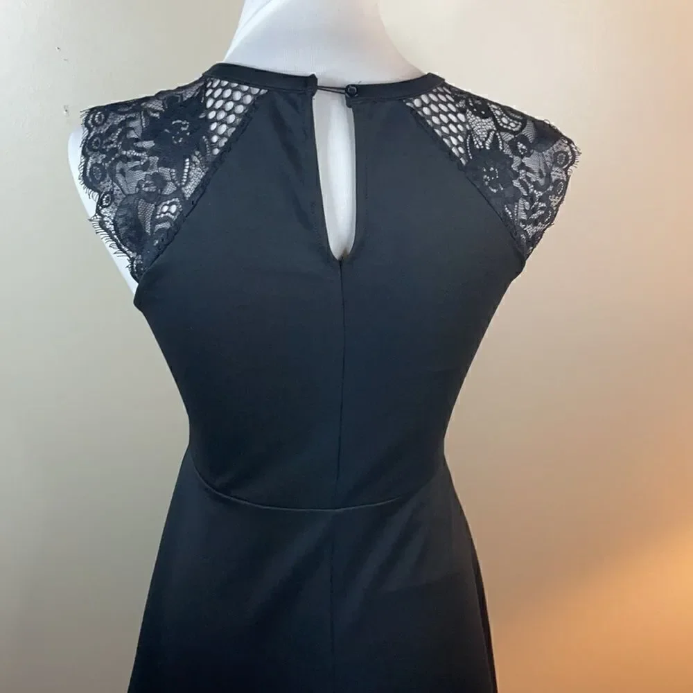 Anthropologie Elodie Fit & Flare Black Dress w/ Lace Floral Sleeves (Small) - Picture 14 of 16